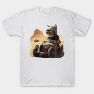 a cat racing a car across the desert T-Shirt